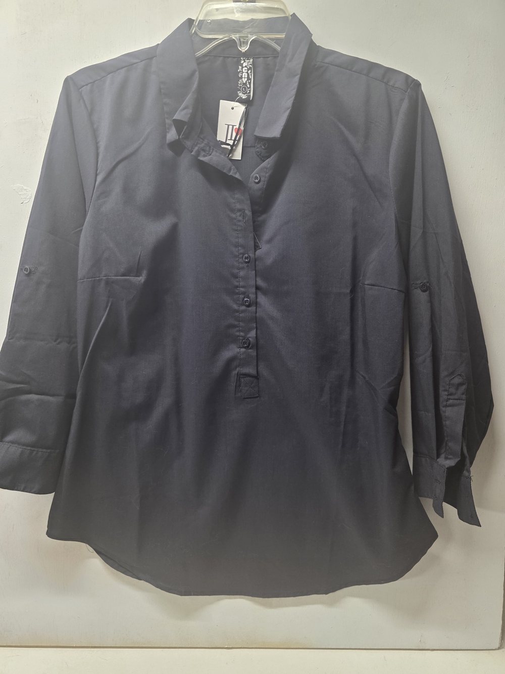 FCNY Fashion Womens Large Black Tunic Blouse NWT Roll Tab Sleeve Button Shirt